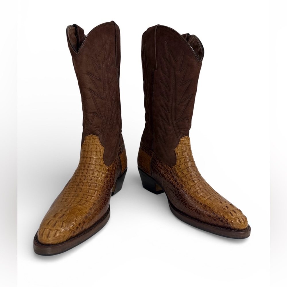 Men’s Custom Made Western Cowboy Boots Croc Embossed Leather Brown US 9.5 New